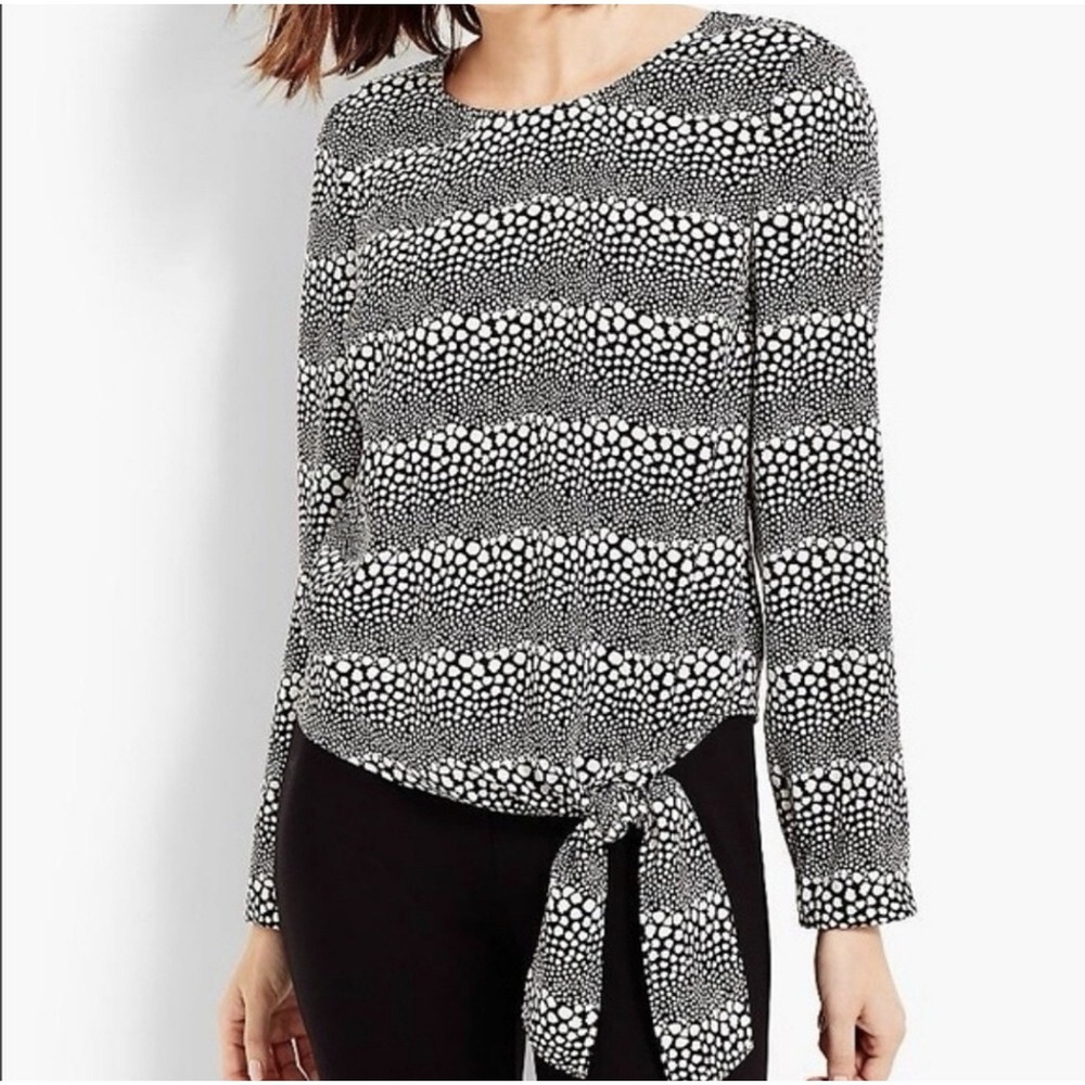 Talbots Black and White Pebble Print Cropped Long Sleeve Blouse Hem Tie Size LP
